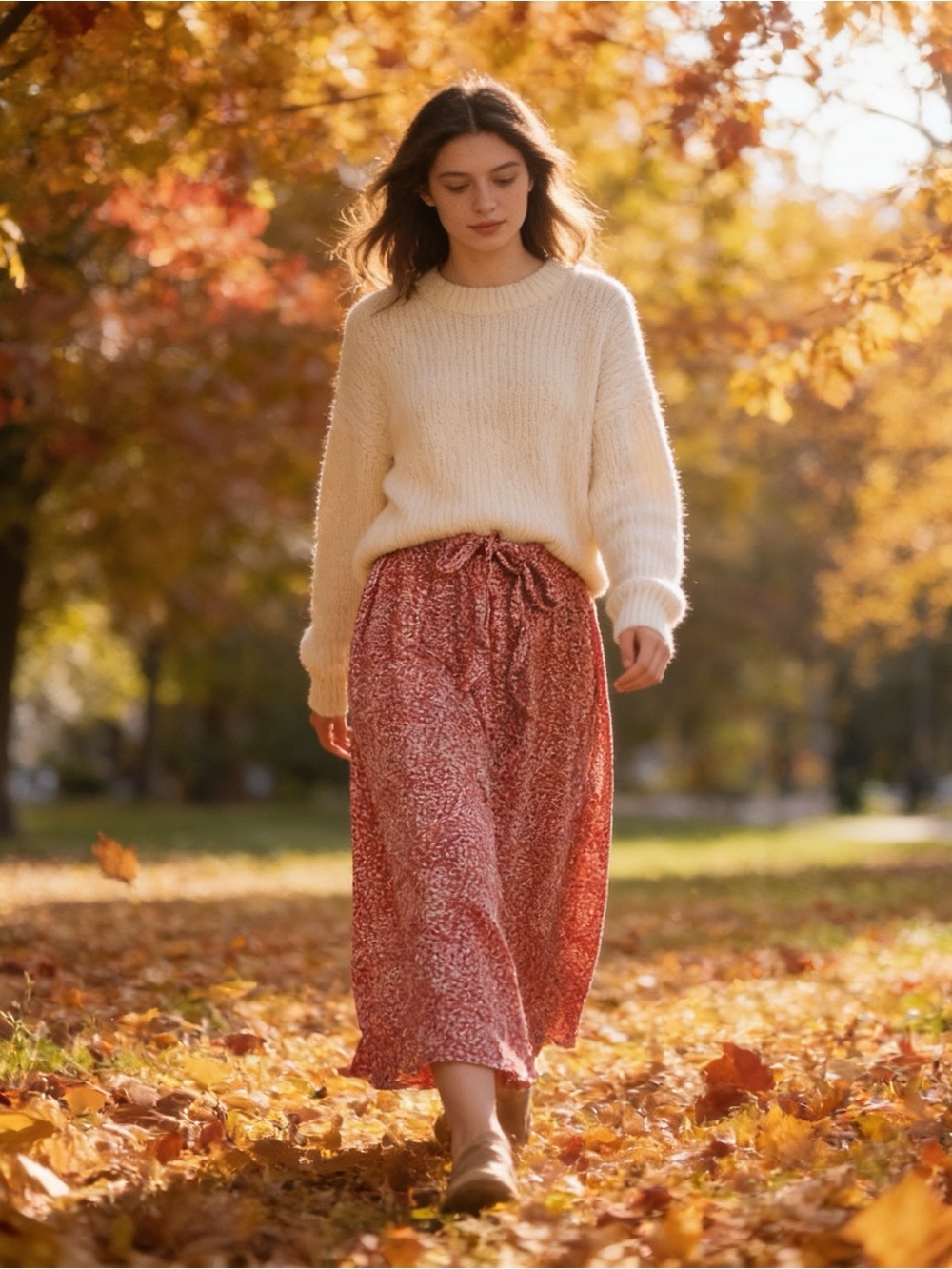 orange creek Rusty Red Floral Midi Skirt Size Large Fall Cottagecore Feminine